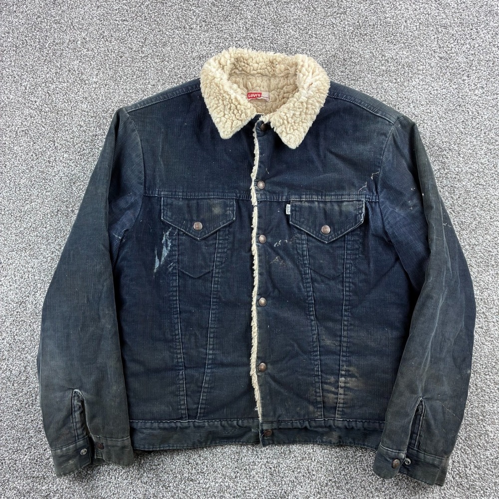 Vintage 80s Levi's Corduroy Sherpa Trucker Jacket Mens Medium Navy Blue Coat